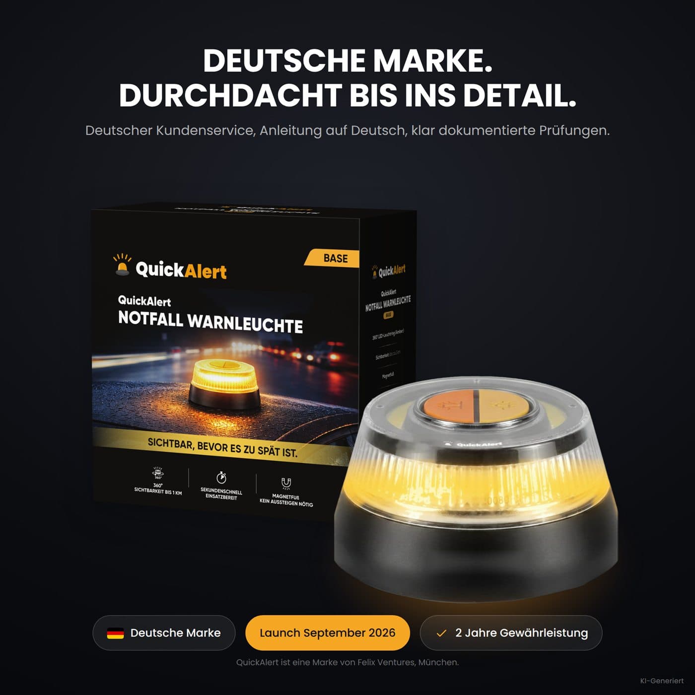 QuickAlert BASE mit Verpackung und leuchtendem LED-Ring